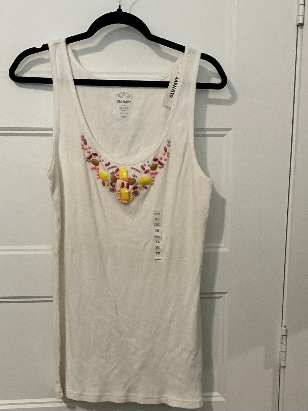Old Navy Cream Tank with Pink & Yellow Bead Necklace Detail